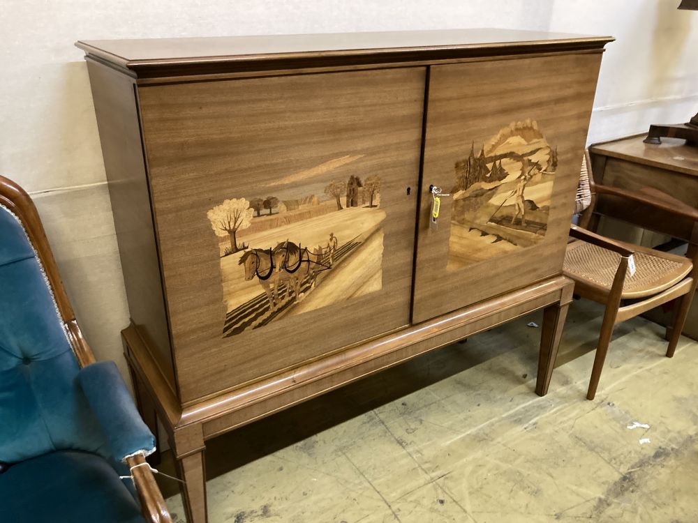 A Swedish inlaid side cabinet, width 134cm depth 47cm height 125cm